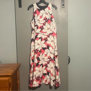 Ann Taylor Floral Linen Blend Pink Navy Blue Tan Modest Midi